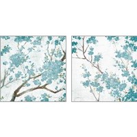 Framed Teal Cherry Blossoms on Cream Aged 2 Piece Art Print Set