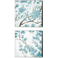 Framed 'Teal Cherry Blossoms on Cream Aged 2 Piece Canvas Print Set' border=