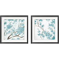 Framed 'Teal Cherry Blossoms on Cream Aged 2 Piece Framed Art Print Set' border=