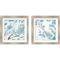 Framed Teal Cherry Blossoms on Cream Aged 2 Piece Framed Art Print Set