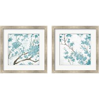 Framed Teal Cherry Blossoms on Cream Aged 2 Piece Framed Art Print Set
