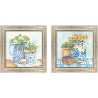 Framed 'Blue and White Pottery with Flowers 2 Piece Framed Art Print Set' border=