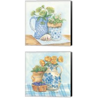 Framed 'Blue and White Pottery with Flowers 2 Piece Canvas Print Set' border=