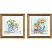 Framed 'Blue and White Pottery with Flowers 2 Piece Framed Art Print Set' border=