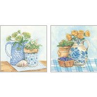 Framed Blue and White Pottery with Flowers 2 Piece Art Print Set