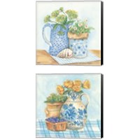 Framed 'Blue and White Pottery with Flowers 2 Piece Canvas Print Set' border=