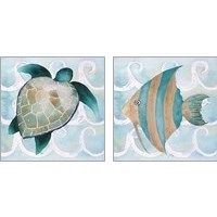 Framed 'Sea Creatures on Waves  2 Piece Art Print Set' border=