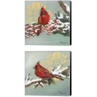 Framed 'Winter Red Bird 2 Piece Canvas Print Set' border=