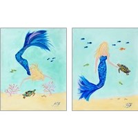 Framed 'Mermaid and Sea Turtle 2 Piece Art Print Set' border=