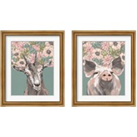 Framed 'Floral Farm Animals 2 Piece Framed Art Print Set' border=