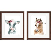 Framed 'Floral Cow & Pony 2 Piece Framed Art Print Set' border=