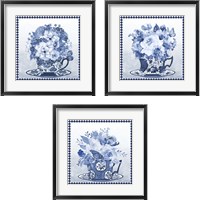 Framed 'Blue Teacup Bouquet 3 Piece Framed Art Print Set' border=