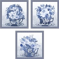 Framed 'Blue Teacup Bouquet 3 Piece Art Print Set' border=