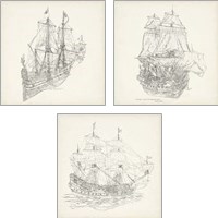Framed Antique Ship Sketch 3 Piece Art Print Set