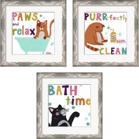 Framed 'Cute Cat Bath 3 Piece Framed Art Print Set' border=