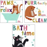 Framed 'Cute Cat Bath 3 Piece Art Print Set' border=