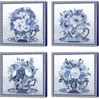 Framed 'Blue Teacup Bouquet 4 Piece Canvas Print Set' border=
