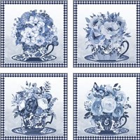 Framed 'Blue Teacup Bouquet 4 Piece Art Print Set' border=