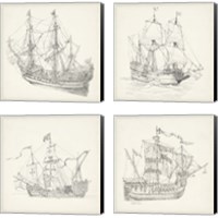 Framed Antique Ship Sketch 4 Piece Canvas Print Set