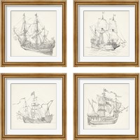 Framed Antique Ship Sketch 4 Piece Framed Art Print Set