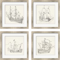 Framed 'Antique Ship Sketch 4 Piece Framed Art Print Set' border=