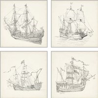Framed Antique Ship Sketch 4 Piece Art Print Set