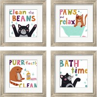 Framed 'Cute Cat Bath 4 Piece Framed Art Print Set' border=