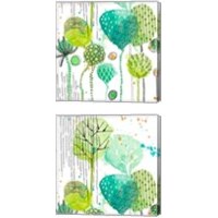 Framed Green Stamped Leaves Square 2 Piece Canvas Print Set