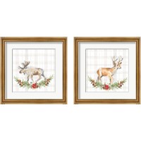 Framed 'Holiday Woodland Wreath on Plaid 2 Piece Framed Art Print Set' border=