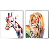 Framed Colorful Giraffe & Lion on White 2 Piece Canvas Print Set