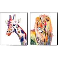 Framed 'Colorful Giraffe & Lion on White 2 Piece Canvas Print Set' border=