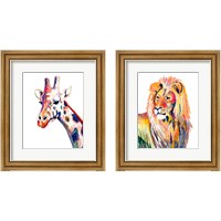 Framed 'Colorful Giraffe & Lion on White 2 Piece Framed Art Print Set' border=