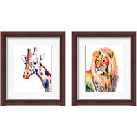 Framed 'Colorful Giraffe & Lion on White 2 Piece Framed Art Print Set' border=