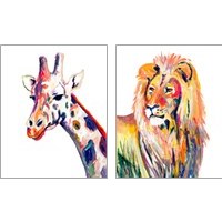 Framed Colorful Giraffe & Lion on White 2 Piece Art Print Set