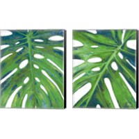 Framed 'Tropical Leaf with Blue 2 Piece Canvas Print Set' border=