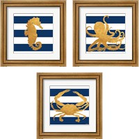 Framed 'Sea Creatures on Stripes 3 Piece Framed Art Print Set' border=