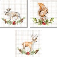 Framed 'Holiday Woodland Wreath on Plaid 3 Piece Art Print Set' border=