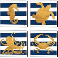 Framed 'Sea Creatures on Stripes 4 Piece Canvas Print Set' border=