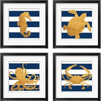 Framed 'Sea Creatures on Stripes 4 Piece Framed Art Print Set' border=