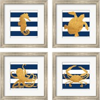 Framed 'Sea Creatures on Stripes 4 Piece Framed Art Print Set' border=