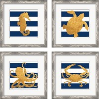 Framed 'Sea Creatures on Stripes 4 Piece Framed Art Print Set' border=