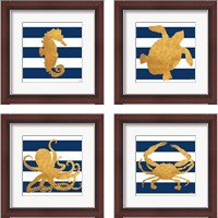 Framed 'Sea Creatures on Stripes 4 Piece Framed Art Print Set' border=