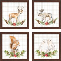 Framed 'Holiday Woodland Wreath on Plaid 4 Piece Framed Art Print Set' border=