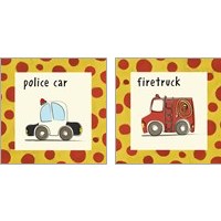 Framed 'City Vehicles in Red and Yellow 2 Piece Art Print Set' border=
