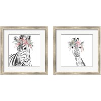 Framed 'Safari Animal with Flower Crown 2 Piece Framed Art Print Set' border=