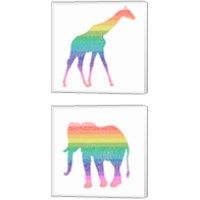 Framed Rainbow Giraffe & Elephant 2 Piece Canvas Print Set