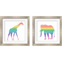 Framed 'Rainbow Giraffe & Elephant 2 Piece Framed Art Print Set' border=