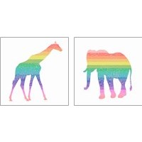 Framed Rainbow Giraffe & Elephant 2 Piece Art Print Set