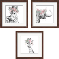 Framed 'Safari Animal with Flower Crown 3 Piece Framed Art Print Set' border=