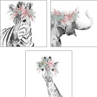 Framed 'Safari Animal with Flower Crown 3 Piece Art Print Set' border=